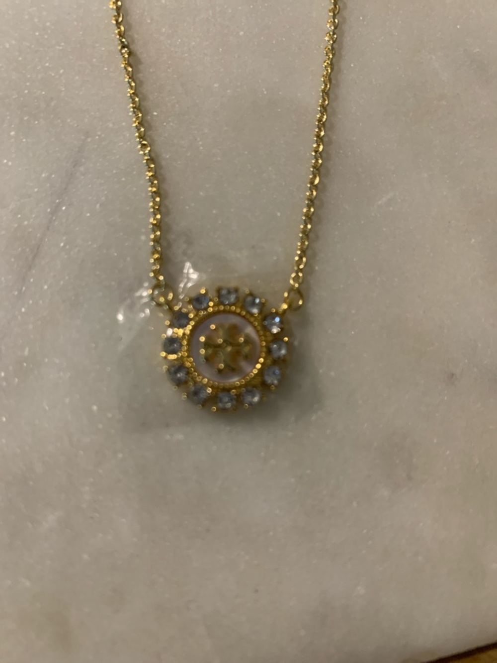 NWOT Tory Burch Gold Logo Pendant Necklace with Clear Stones - Picture 2 of 4